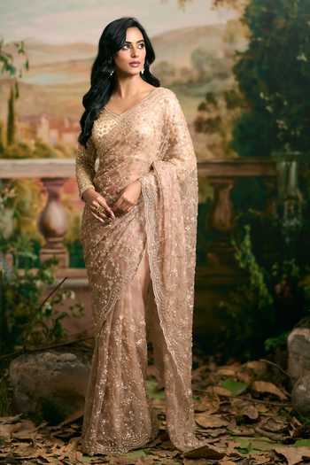 Buy Samyukta Singhania Gold Georgette Scoop Neck Embroidered Saree And Blouse Set Online at Aza Fashions Buy_Samyukta Singhania_Gold Georgette Scoop Neck Embroidered Saree And Blouse Set _Online_at_Aza_Fashions