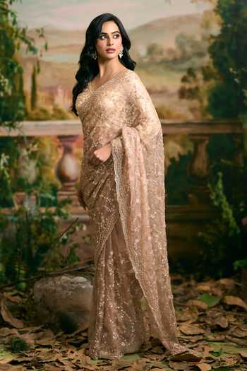 Shop Samyukta Singhania Gold Georgette Scoop Neck Embroidered Saree And Blouse Set Online at Aza Fashions Shop_Samyukta Singhania_Gold Georgette Scoop Neck Embroidered Saree And Blouse Set _Online_at_Aza_Fashions
