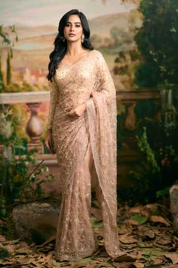 Samyukta Singhania Gold Georgette Scoop Neck Embroidered Saree And Blouse Set at Aza Fashions Samyukta Singhania_Gold Georgette Scoop Neck Embroidered Saree And Blouse Set _at_Aza_Fashions