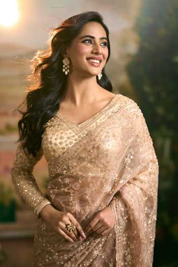 Shop Samyukta Singhania Gold Georgette Scoop Neck Embroidered Saree And Blouse Set Shop_Samyukta Singhania_Gold Georgette Scoop Neck Embroidered Saree And Blouse Set