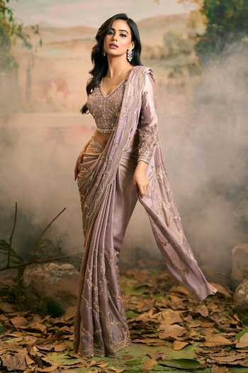 Shop_Samyukta Singhania_Purple Georgette V-neck Soft Saree And Blouse Set _Online_at_Aza_Fashions