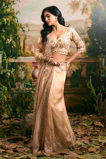 Buy Samyukta Singhania Beige Organza Sweetheart Neck Saree And Blouse Set Online at Aza Fashions Buy_Samyukta Singhania_Beige Organza Sweetheart Neck Saree And Blouse Set _Online_at_Aza_Fashions