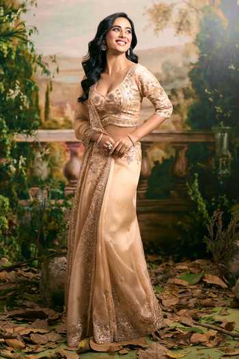 Shop Samyukta Singhania Beige Organza Sweetheart Neck Saree And Blouse Set Online at Aza Fashions Shop_Samyukta Singhania_Beige Organza Sweetheart Neck Saree And Blouse Set _Online_at_Aza_Fashions