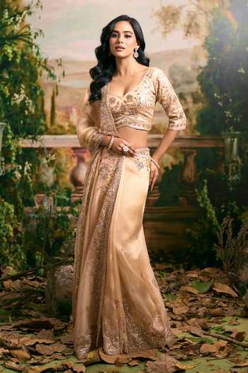 Shop Samyukta Singhania Beige Organza Sweetheart Neck Saree And Blouse Set Shop_Samyukta Singhania_Beige Organza Sweetheart Neck Saree And Blouse Set