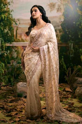 Shop_Samyukta Singhania_Gold Georgette Sweetheart Neck Embroidered Saree And Blouse Set 