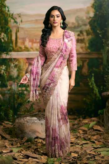 Buy Samyukta Singhania Pink Georgette Round Neck Embroidered And Printed Saree Blouse Set Online at Aza Fashions Buy_Samyukta Singhania_Pink Georgette Round Neck Embroidered And Printed Saree Blouse Set _Online_at_Aza_Fashions