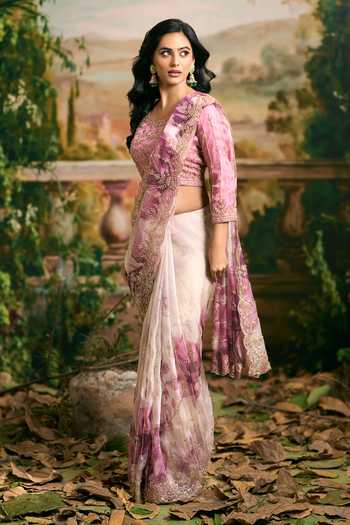 Shop Samyukta Singhania Pink Georgette Round Neck Embroidered And Printed Saree Blouse Set Online at Aza Fashions Shop_Samyukta Singhania_Pink Georgette Round Neck Embroidered And Printed Saree Blouse Set _Online_at_Aza_Fashions