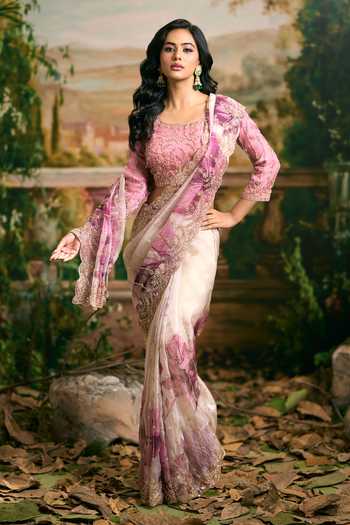 Samyukta Singhania Pink Georgette Round Neck Embroidered And Printed Saree Blouse Set at Aza Fashions Samyukta Singhania_Pink Georgette Round Neck Embroidered And Printed Saree Blouse Set _at_Aza_Fashions