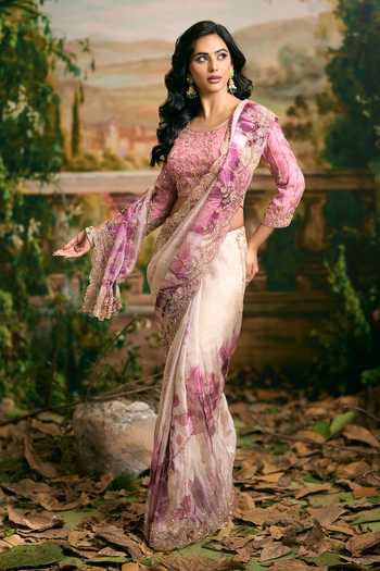 Buy Samyukta Singhania Pink Georgette Round Neck Embroidered And Printed Saree Blouse Set Buy_Samyukta Singhania_Pink Georgette Round Neck Embroidered And Printed Saree Blouse Set