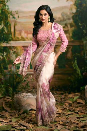 Shop Samyukta Singhania Pink Georgette Round Neck Embroidered And Printed Saree Blouse Set Shop_Samyukta Singhania_Pink Georgette Round Neck Embroidered And Printed Saree Blouse Set