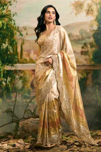 Shop_Samyukta Singhania_Gold Organza Sweetheart Neck Hand Embroidered Saree And Blouse Set _Online_at_Aza_Fashions