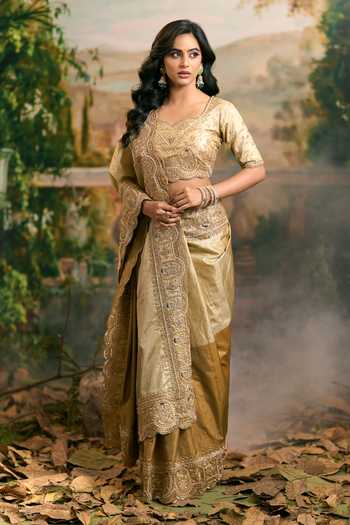 Shop_Samyukta Singhania_Gold Tissue Banarsi Saree And Blouse Set 