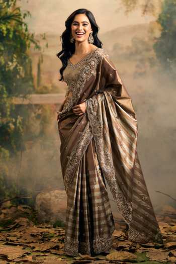 Buy_Samyukta Singhania_Brown Tissue V-neck Shaded Banarasi Saree And Blouse Set _Online_at_Aza_Fashions