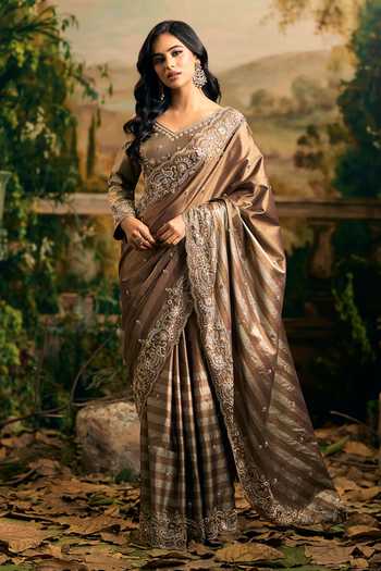Shop_Samyukta Singhania_Brown Tissue V-neck Shaded Banarasi Saree And Blouse Set _Online_at_Aza_Fashions