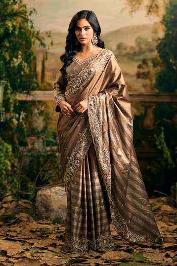 Shop_Samyukta Singhania_Brown Tissue V-neck Shaded Banarasi Saree And Blouse Set 