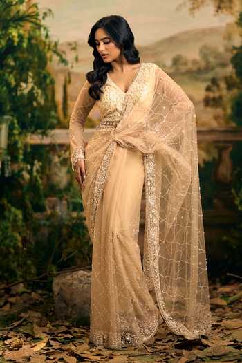 Buy_Samyukta Singhania_Beige Net Deep Neck Hand Embroidered Saree And Blouse Set _Online_at_Aza_Fashions