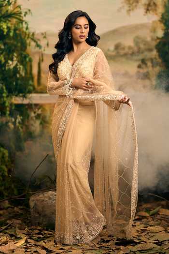 Shop_Samyukta Singhania_Beige Net Deep Neck Hand Embroidered Saree And Blouse Set _Online_at_Aza_Fashions