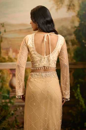 Buy_Samyukta Singhania_Beige Net Deep Neck Hand Embroidered Saree And Blouse Set 