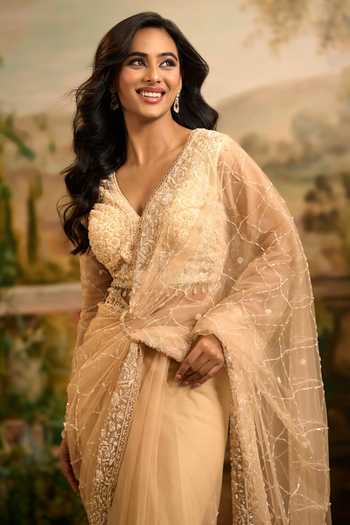 Shop_Samyukta Singhania_Beige Net Deep Neck Hand Embroidered Saree And Blouse Set 