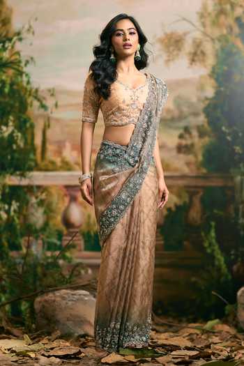 Buy_Samyukta Singhania_Green Tissue V-neck Banarsi Saree And Blouse Set _Online_at_Aza_Fashions