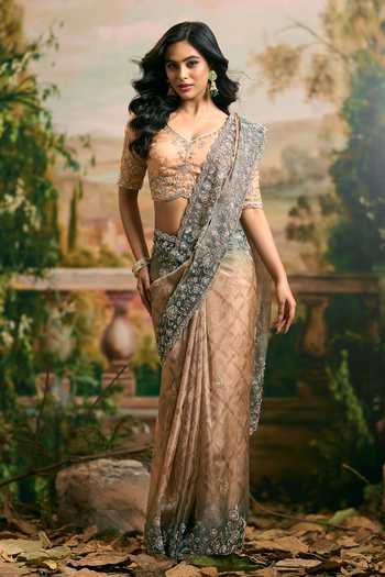 Shop_Samyukta Singhania_Green Tissue V-neck Banarsi Saree And Blouse Set _Online_at_Aza_Fashions