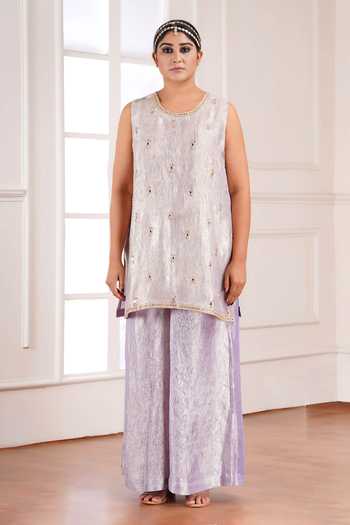 Sheeshakari_Purple Silk Open Neck Hand Embroidered Jacket Pant Set _Online_at_Aza_Fashions