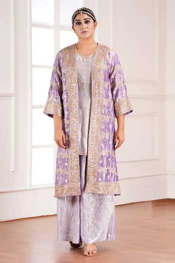 Buy_Sheeshakari_Purple Silk Open Neck Hand Embroidered Jacket Pant Set _Online_at_Aza_Fashions