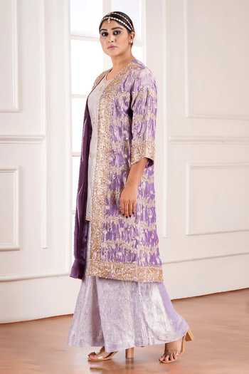 Shop_Sheeshakari_Purple Silk Open Neck Hand Embroidered Jacket Pant Set _Online_at_Aza_Fashions