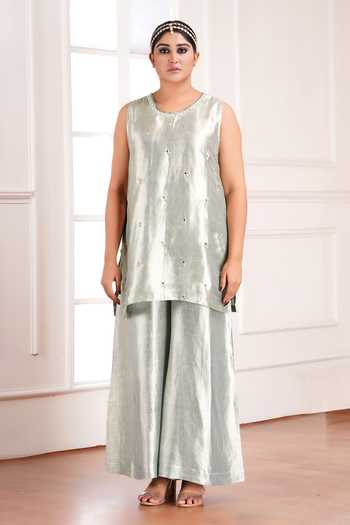 Sheeshakari_Green Silk Open , Round Hand Embroidered Jacket Pant Set _Online_at_Aza_Fashions