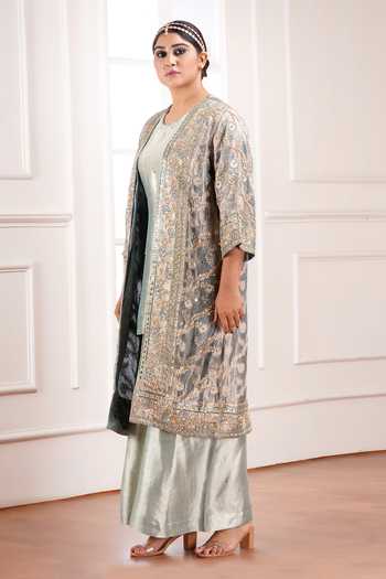 Buy_Sheeshakari_Green Silk Open , Round Hand Embroidered Jacket Pant Set _Online_at_Aza_Fashions