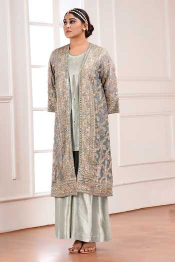 Sheeshakari_Green Silk Open , Round Hand Embroidered Jacket Pant Set _at_Aza_Fashions