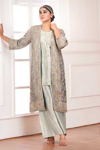 Buy_Sheeshakari_Green Silk Open , Round Hand Embroidered Jacket Pant Set 