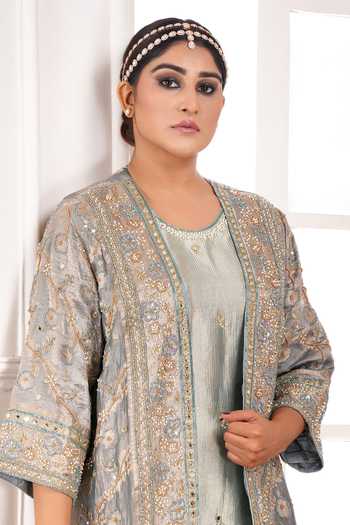 Shop_Sheeshakari_Green Silk Open , Round Hand Embroidered Jacket Pant Set 