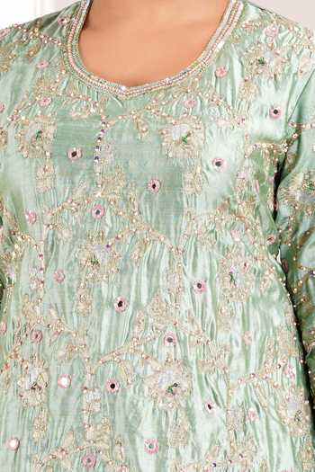 Sheeshakari_Green Silk Round Neck Hand Embroidered Kurta Set _at_Aza_Fashions