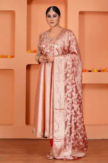 Sheeshakari_Peach Silk Scoop Neck Embroidered Anarkali Set _Online_at_Aza_Fashions