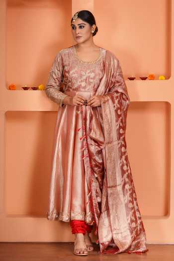 Buy_Sheeshakari_Peach Silk Scoop Neck Embroidered Anarkali Set _Online_at_Aza_Fashions