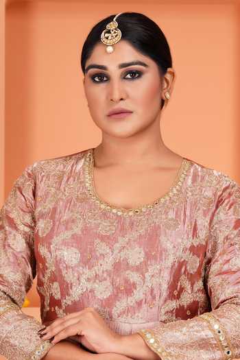 Shop_Sheeshakari_Peach Silk Scoop Neck Embroidered Anarkali Set _Online_at_Aza_Fashions