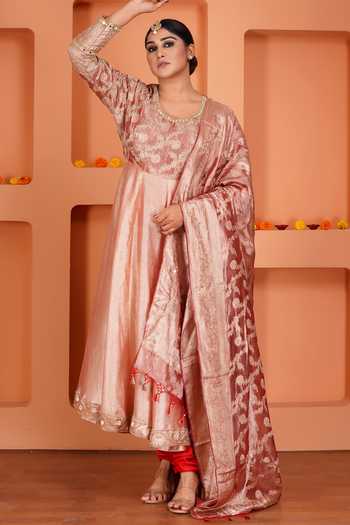 Sheeshakari_Peach Silk Scoop Neck Embroidered Anarkali Set _at_Aza_Fashions