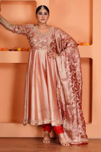 Buy_Sheeshakari_Peach Silk Scoop Neck Embroidered Anarkali Set 