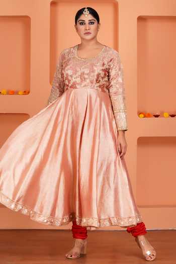 Shop_Sheeshakari_Peach Silk Scoop Neck Embroidered Anarkali Set 