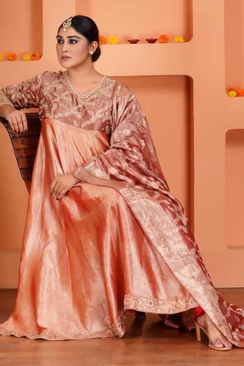 Sheeshakari_Peach Silk V-neck Contrast Yoke Anarkali Set _Online_at_Aza_Fashions