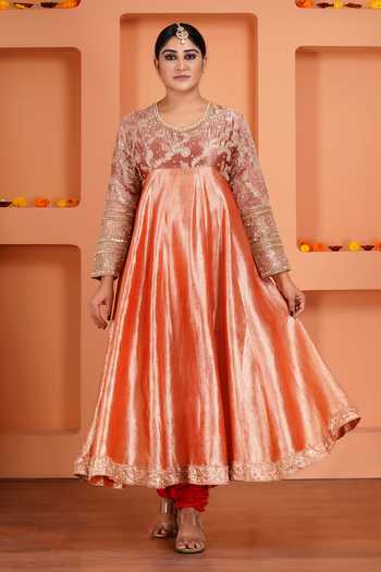 Buy_Sheeshakari_Peach Silk V-neck Contrast Yoke Anarkali Set _Online_at_Aza_Fashions
