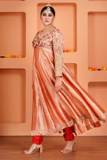 Shop_Sheeshakari_Peach Silk V-neck Contrast Yoke Anarkali Set _Online_at_Aza_Fashions