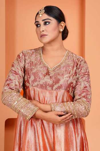 Sheeshakari_Peach Silk V-neck Contrast Yoke Anarkali Set _at_Aza_Fashions