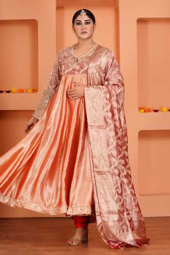 Buy_Sheeshakari_Peach Silk V-neck Contrast Yoke Anarkali Set 