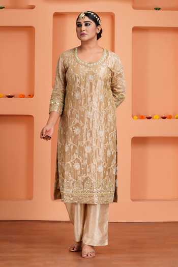 Sheeshakari_Gold Silk Round Neck Floral Pattern Kurta Set _Online_at_Aza_Fashions