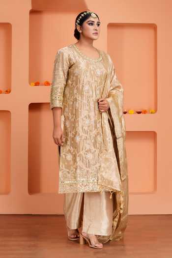Buy_Sheeshakari_Gold Silk Round Neck Floral Pattern Kurta Set _Online_at_Aza_Fashions