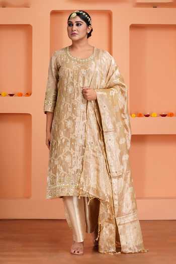 Shop_Sheeshakari_Gold Silk Round Neck Floral Pattern Kurta Set _Online_at_Aza_Fashions