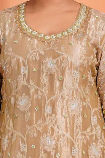 Sheeshakari_Gold Silk Round Neck Floral Pattern Kurta Set _at_Aza_Fashions