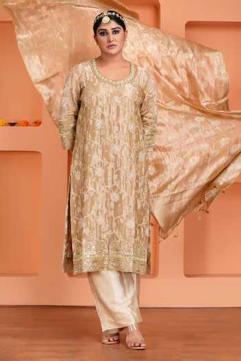 Shop_Sheeshakari_Gold Silk Round Neck Floral Pattern Kurta Set 